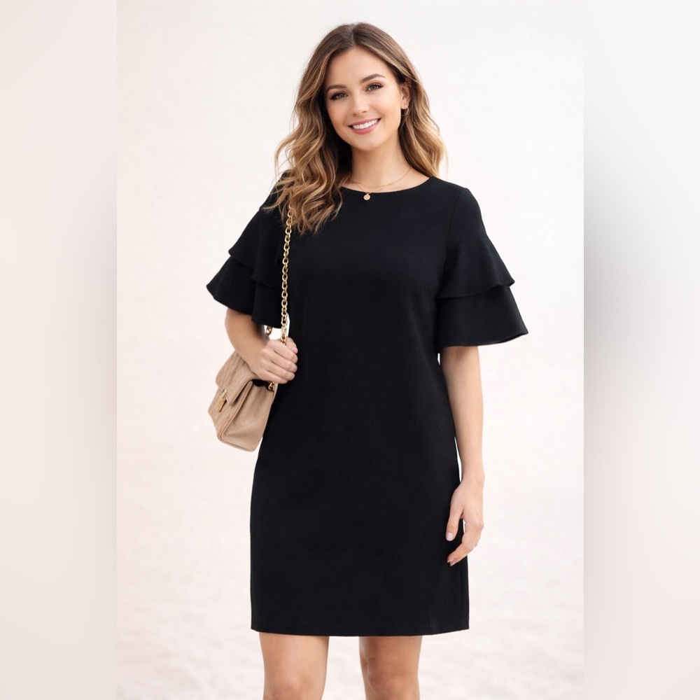 Calvin Klein Black Ruffle Sleeve Sheath Dress‎ Sz. 6